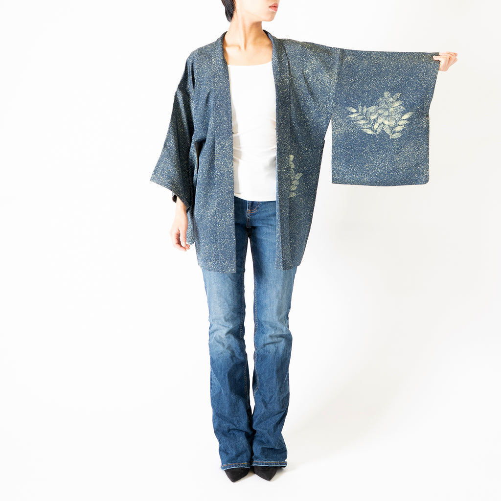 Handcrafted Robe from Vintage Kimono - Navy Tree Leaves Motifs  H011