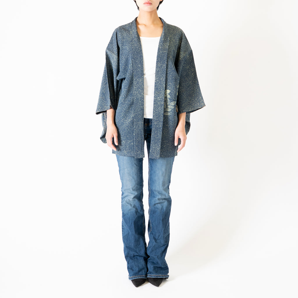 Handcrafted Robe from Vintage Kimono - Navy Tree Leaves Motifs  H011