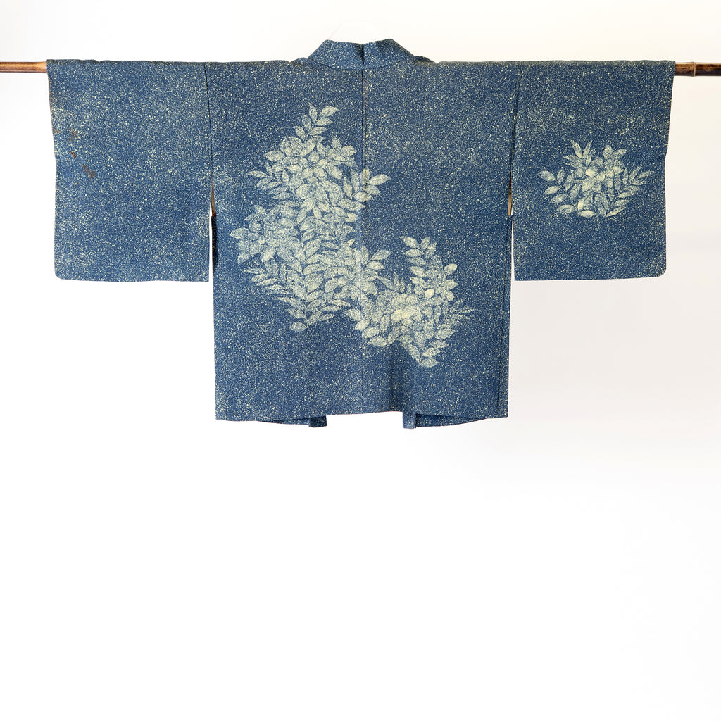 Handcrafted Robe from Vintage Kimono - Navy Tree Leaves Motifs  H011