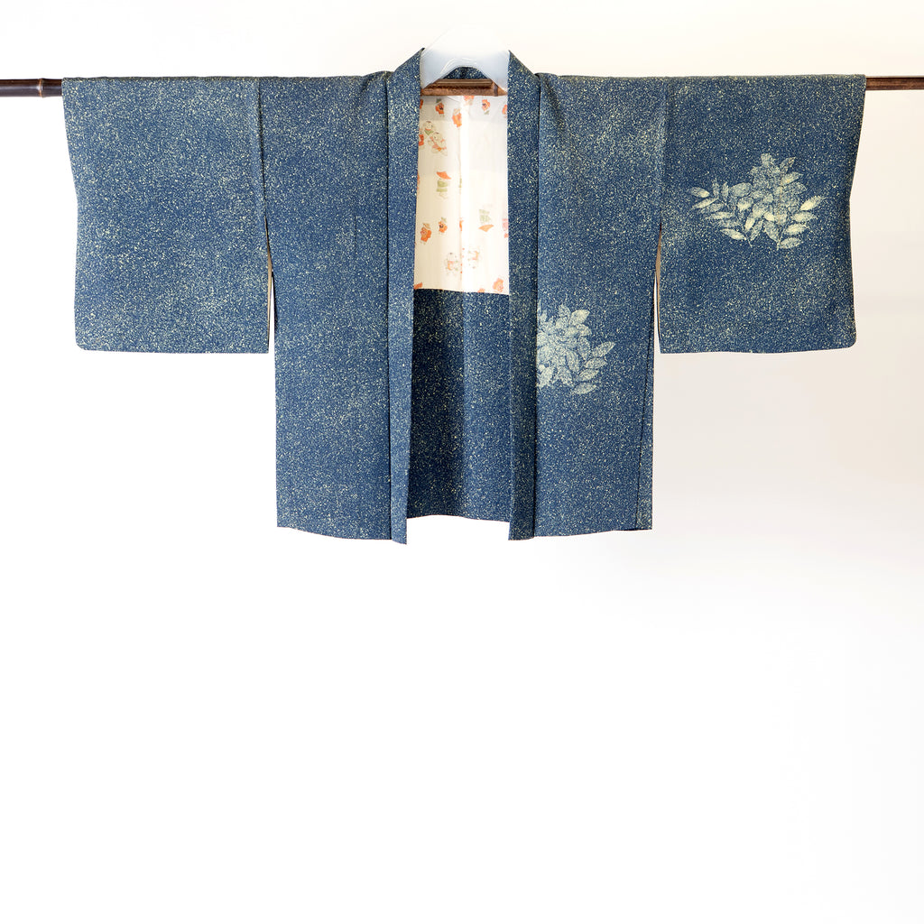 Handcrafted Robe from Vintage Kimono - Navy Tree Leaves Motifs  H011