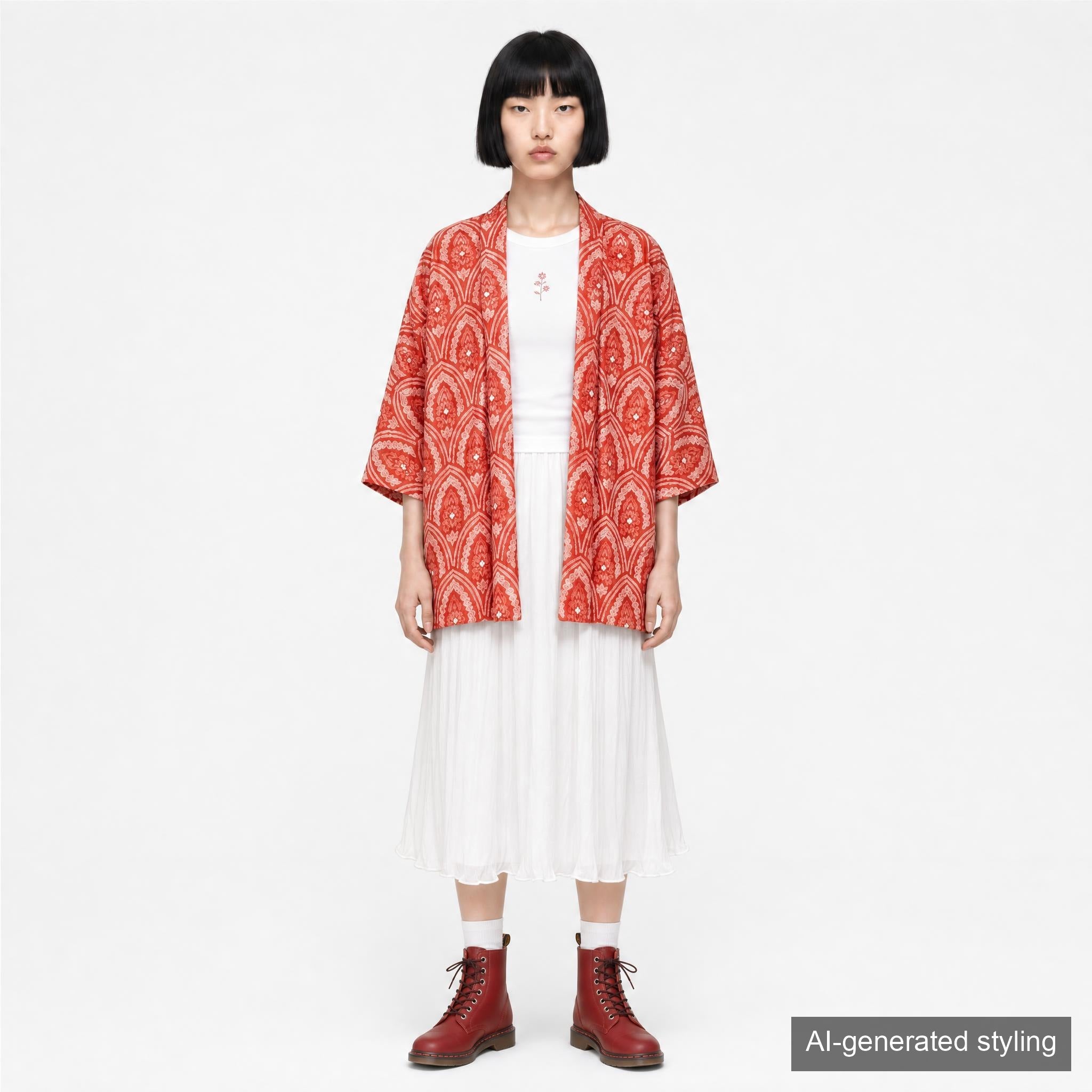 Vintage Kimono Jacket (Haori) - Red Shibori-Dyed H012