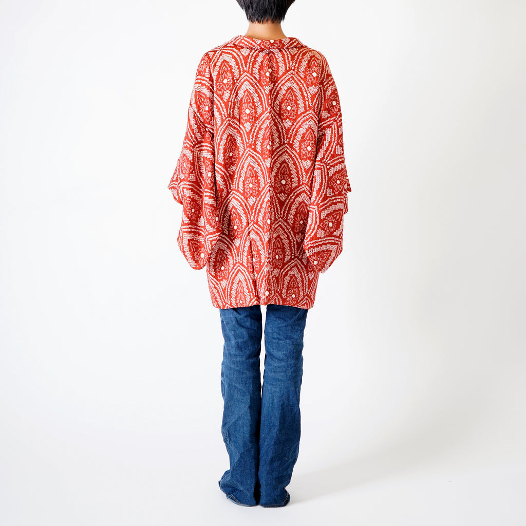 Vintage Kimono Jacket (Haori) - Red Shibori-Dyed H012