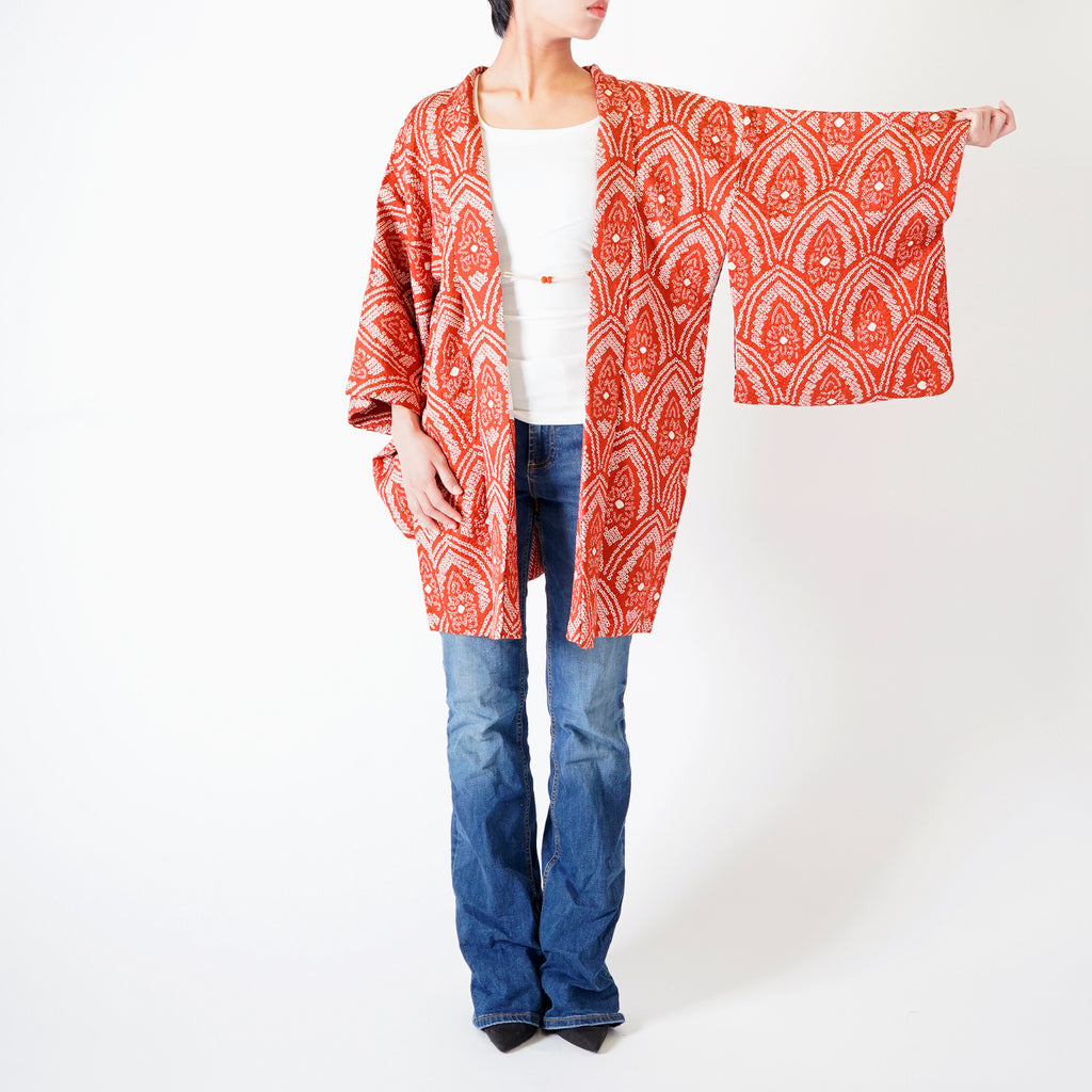 Vintage Kimono Jacket (Haori) - Red Shibori-Dyed H012