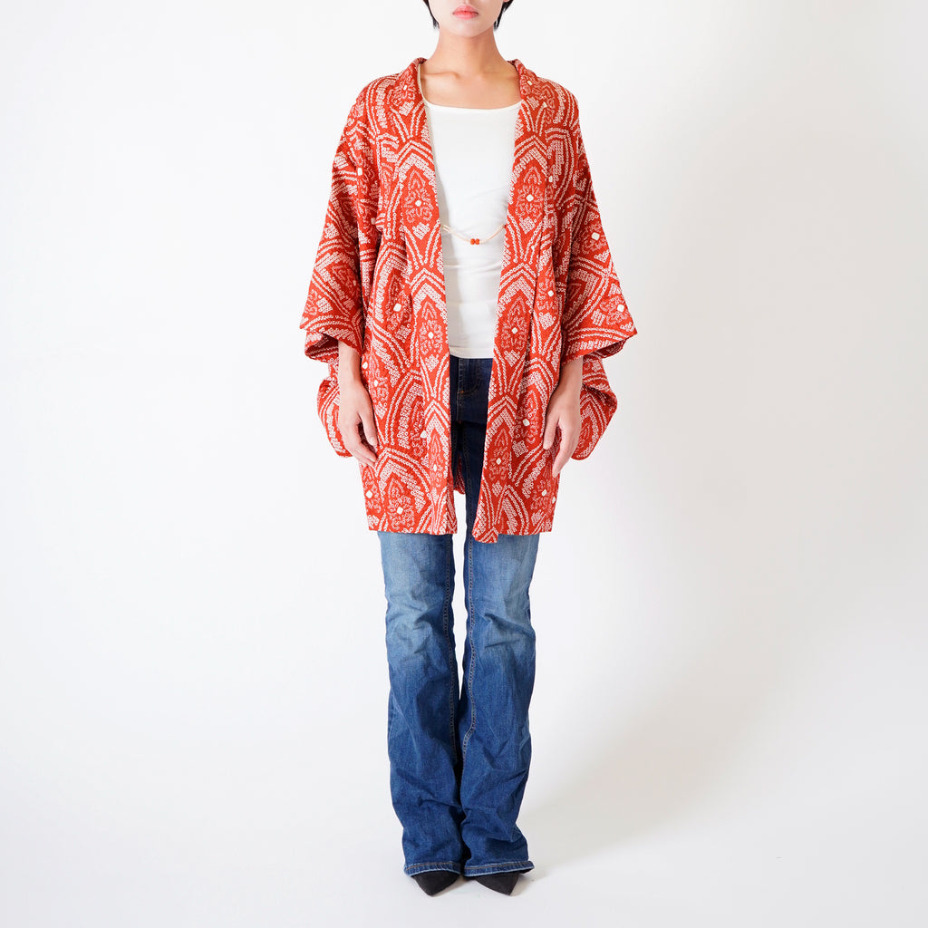 Vintage Kimono Jacket (Haori) - Red Shibori-Dyed H012