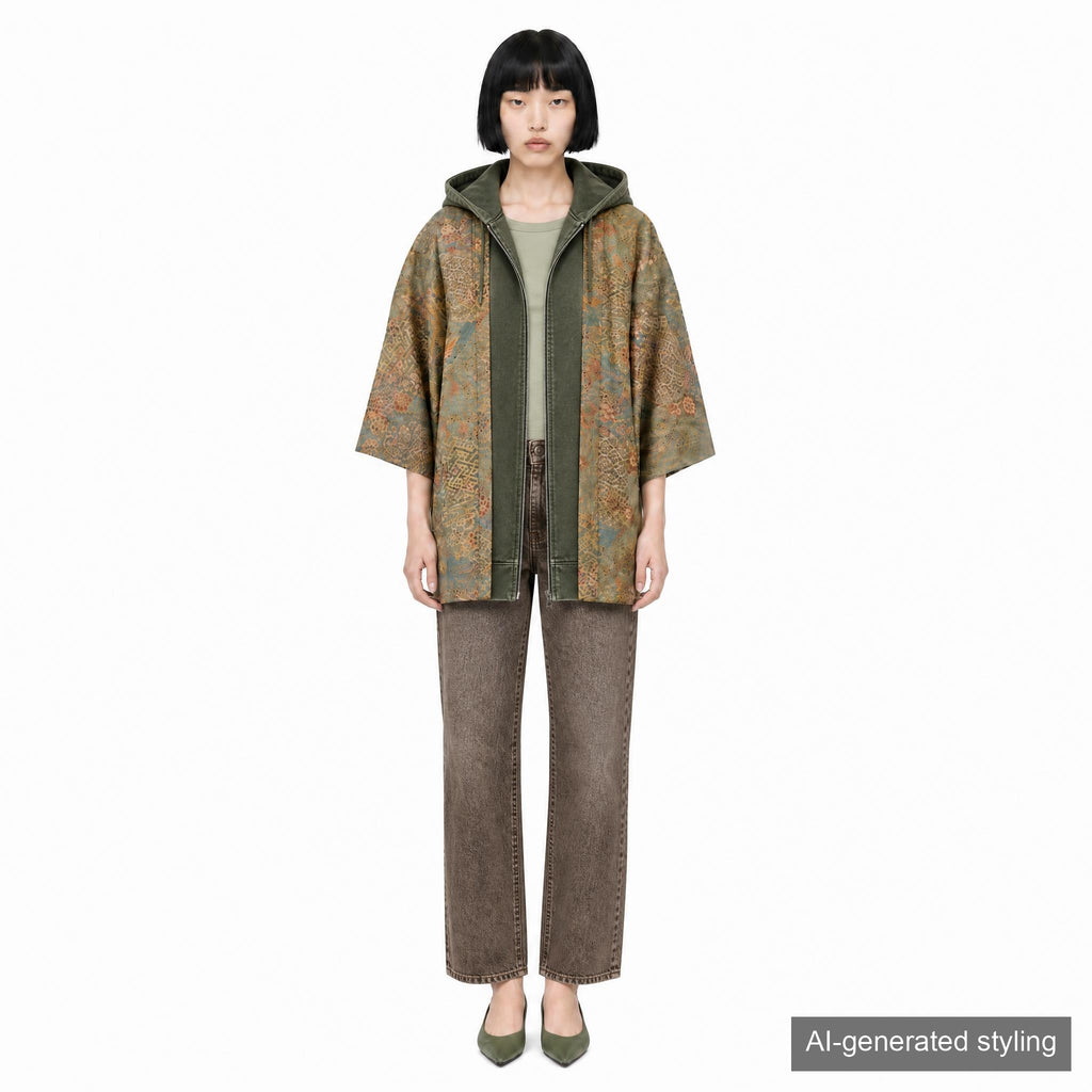 Vintage Kimono Jacket (Haori) - Khaki Phoenix Motifs H013