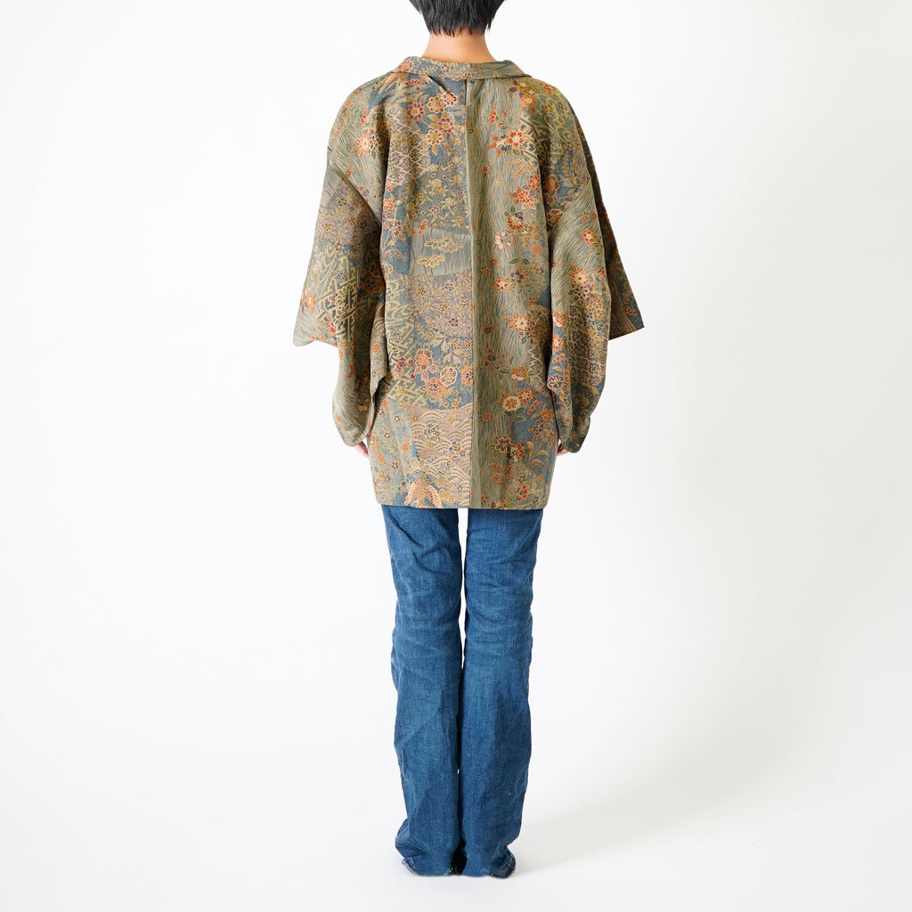 Vintage Kimono Jacket (Haori) - Khaki Phoenix Motifs H013
