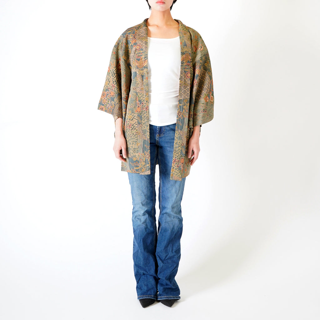 Vintage Kimono Jacket (Haori) - Khaki Phoenix Motifs H013