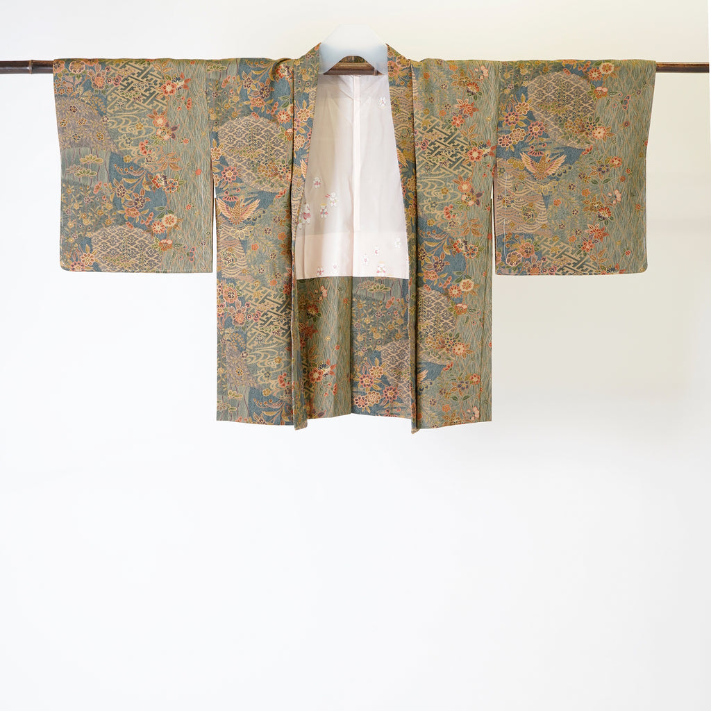 Vintage Kimono Jacket (Haori) - Khaki Phoenix Motifs H013