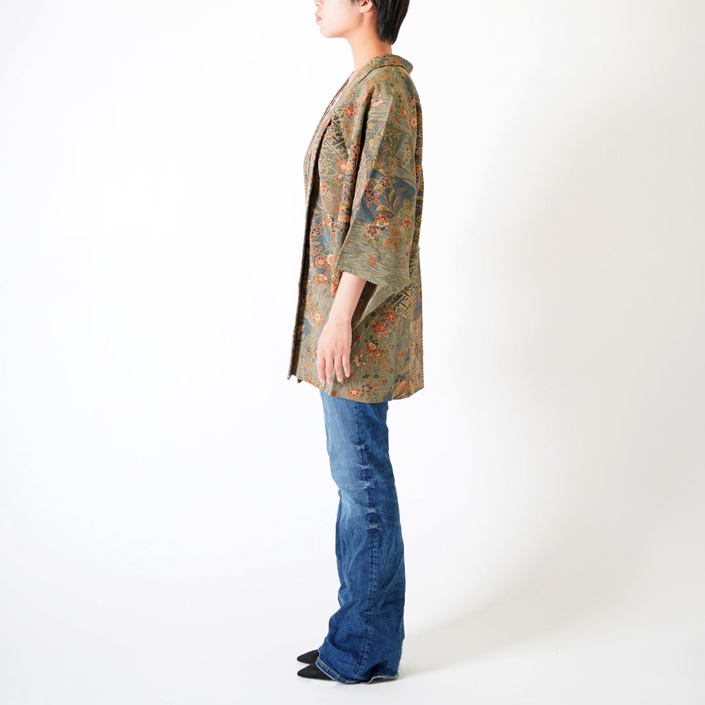 Vintage Kimono Jacket (Haori) - Khaki Phoenix Motifs H013