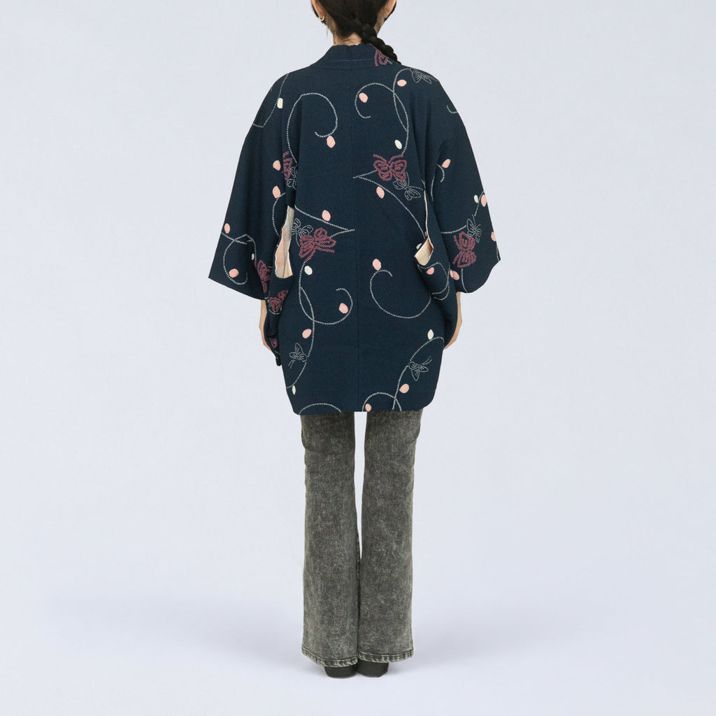 Vintage Kimono Jacket (Haori) - Navy Blue with shibori-dyeing H014