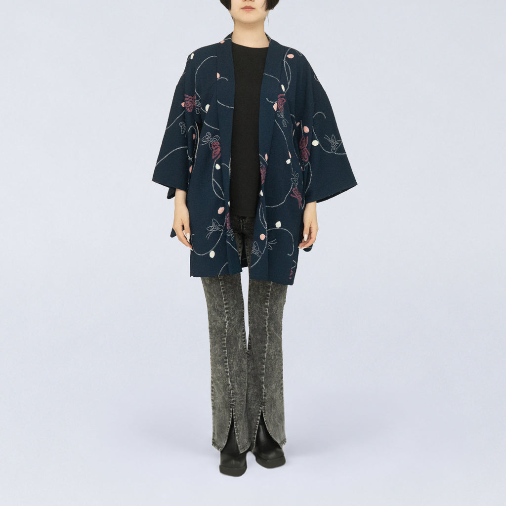 Vintage Kimono Jacket (Haori) - Navy Blue with shibori-dyeing H014