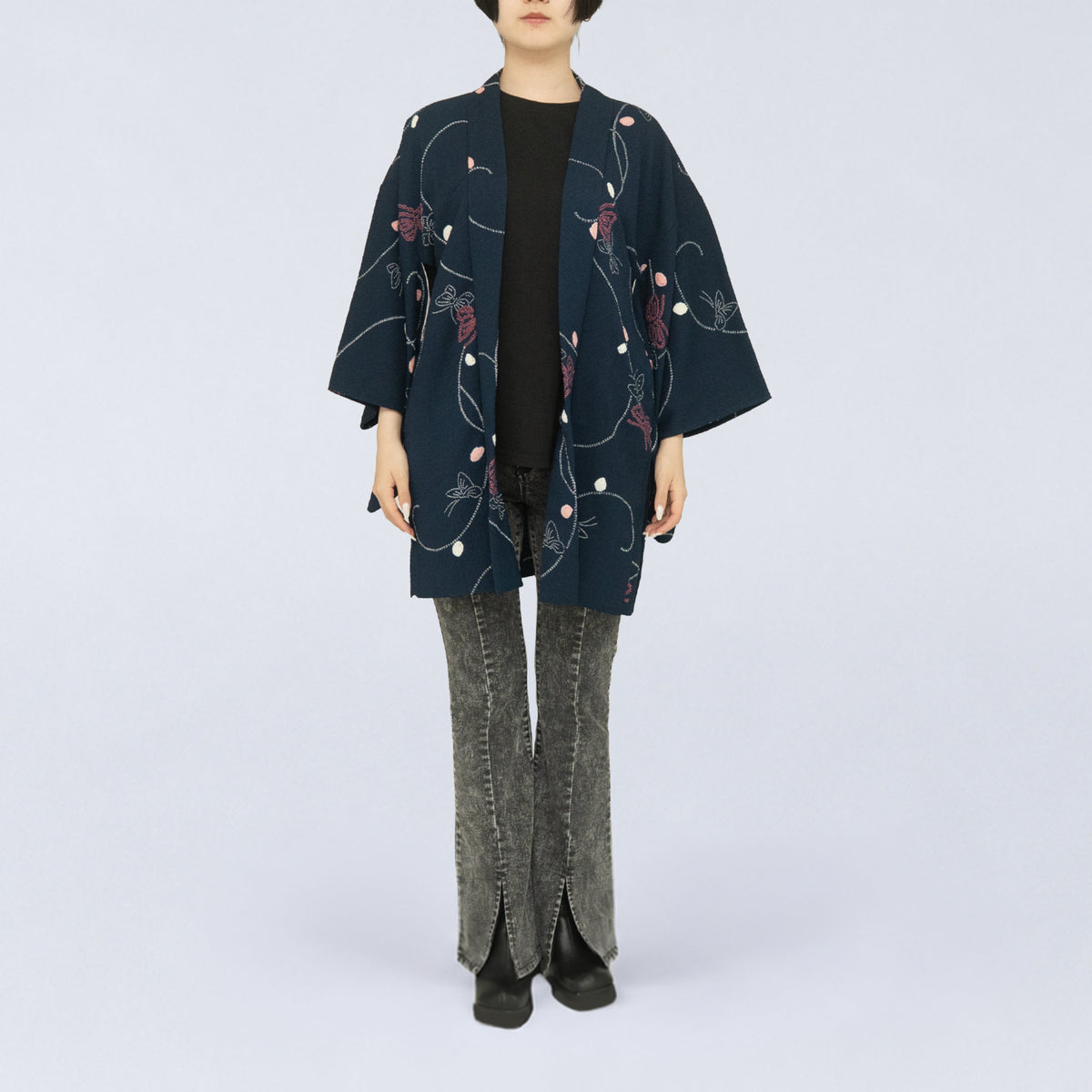 Vintage Kimono Jacket (Haori) - Navy Blue with shibori-dyeing H014