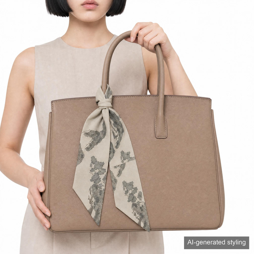 Handcrafted Scarf from Vintage Kimono -  Gray White and Pine Design T005