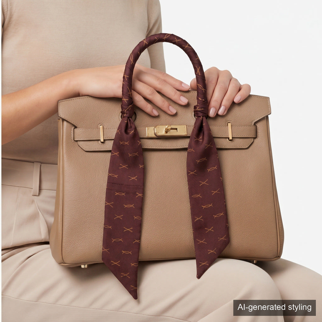 Handcrafted Scarf from Vintage Kimono -  Brown and Geometric patternT012