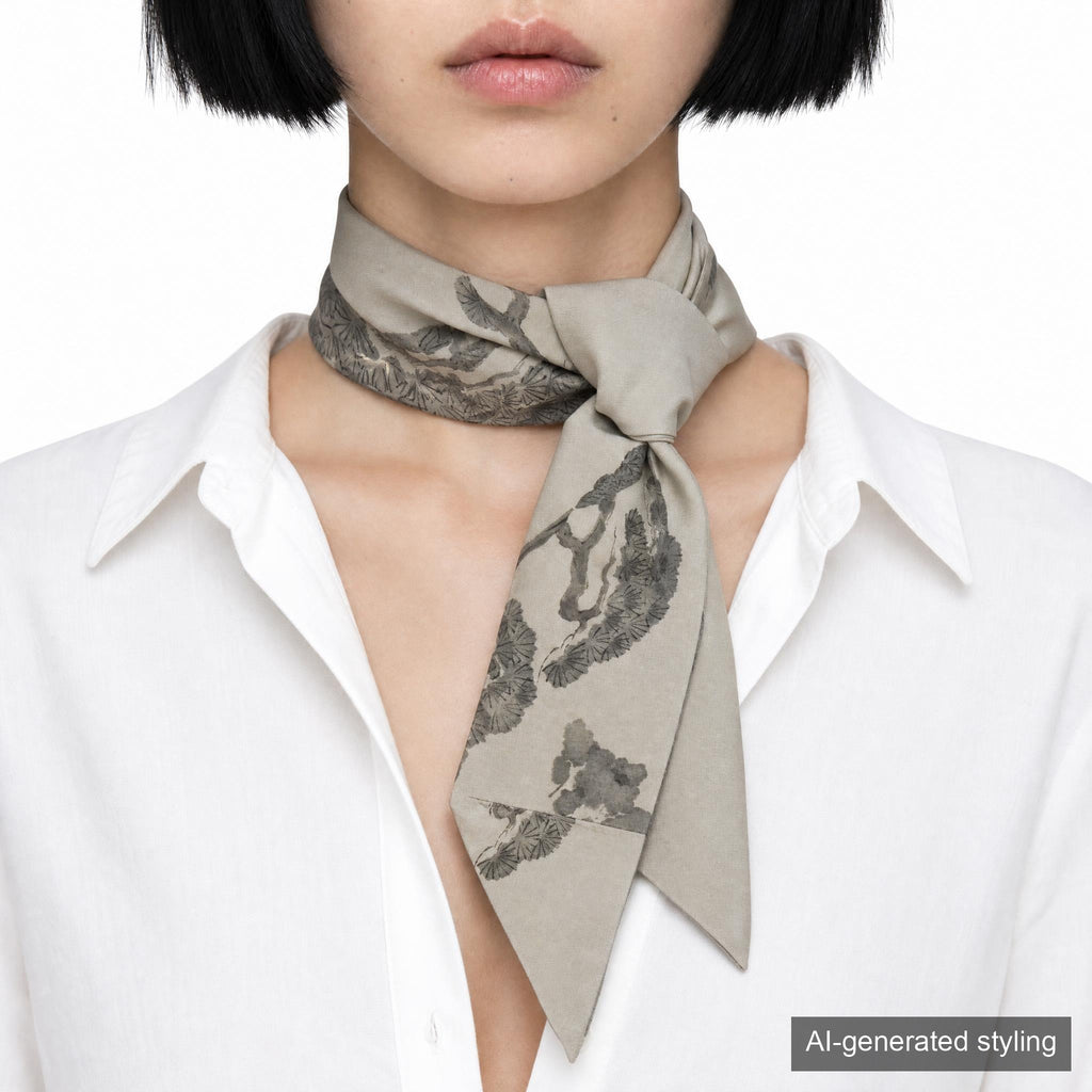Handcrafted Scarf from Vintage Kimono -  Gray White and Pine Design T005