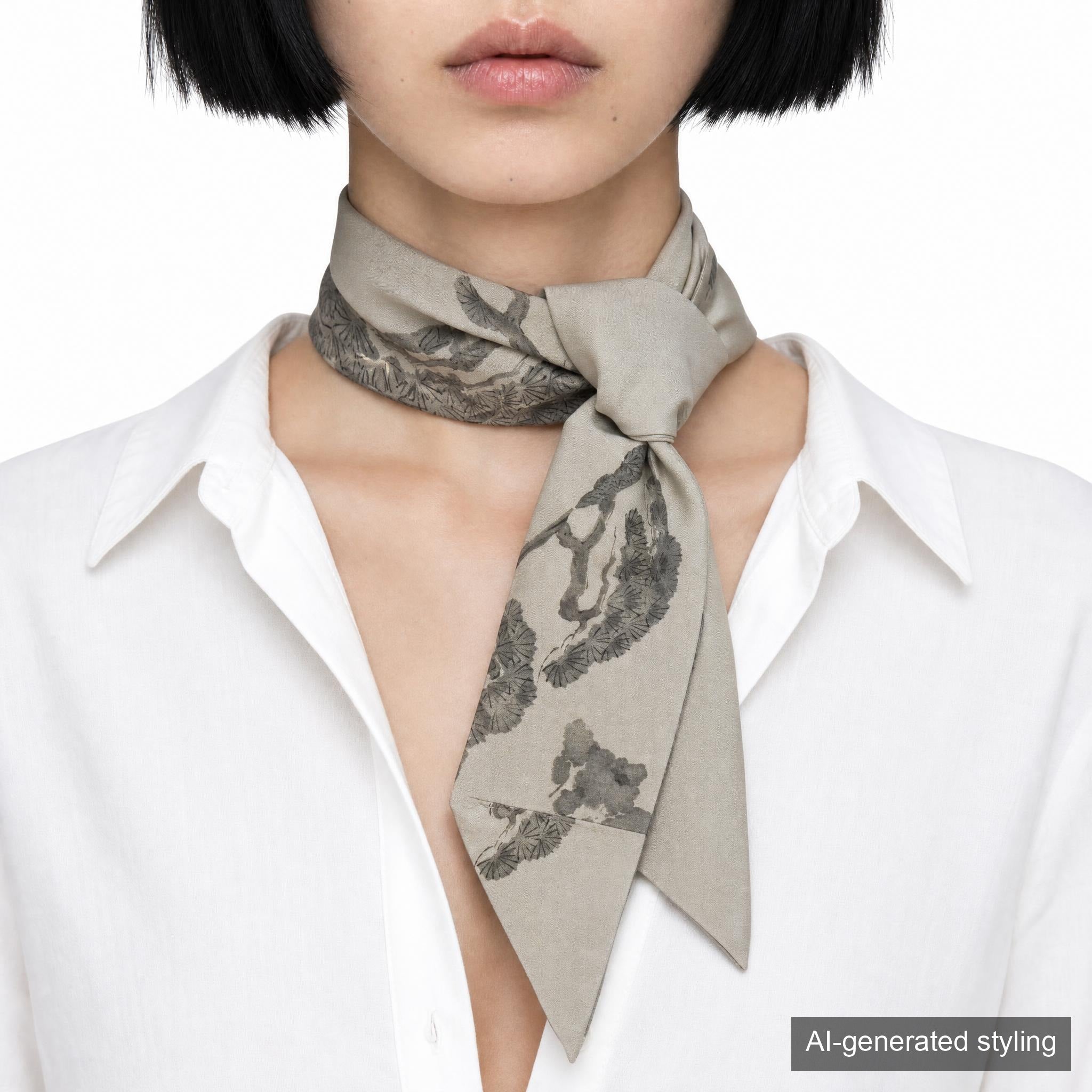 Handcrafted Scarf from Vintage Kimono -  Gray White and Pine Design T005