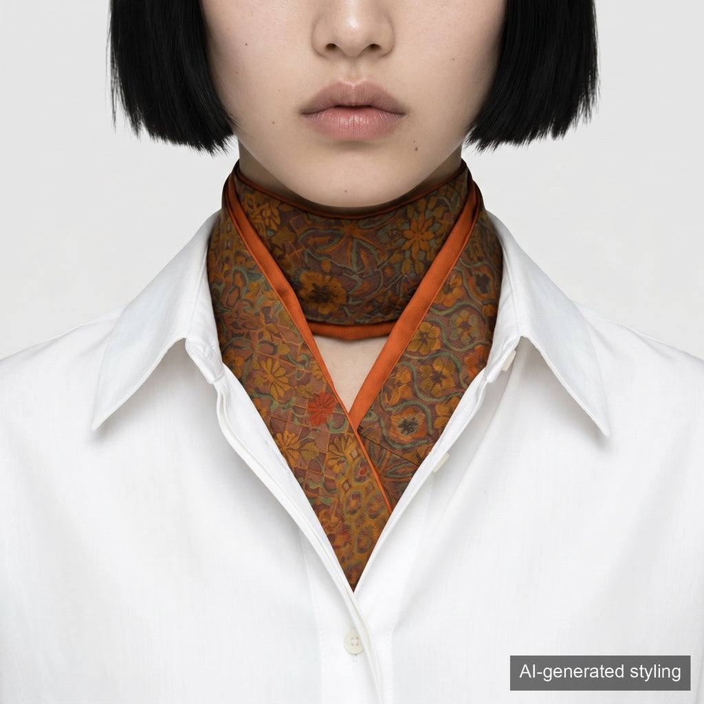 Handcrafted Scarf from Vintage Kimono - Brown Orange and floral pattern Design T009