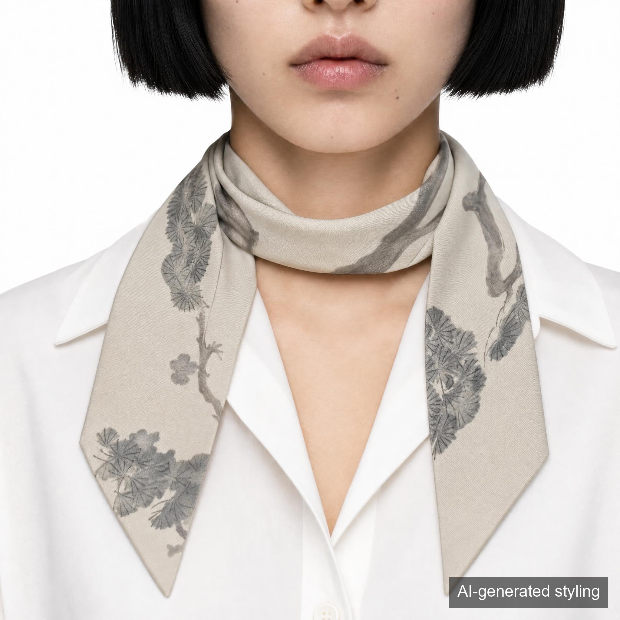 Handcrafted Scarf from Vintage Kimono -  Gray White and Pine Design T005