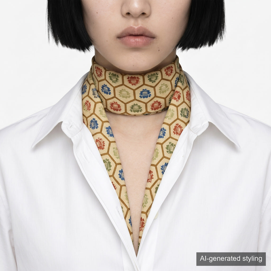 Handcrafted Scarf from Vintage Kimono - Beige Red Green Blue Geometric pattern Design T010