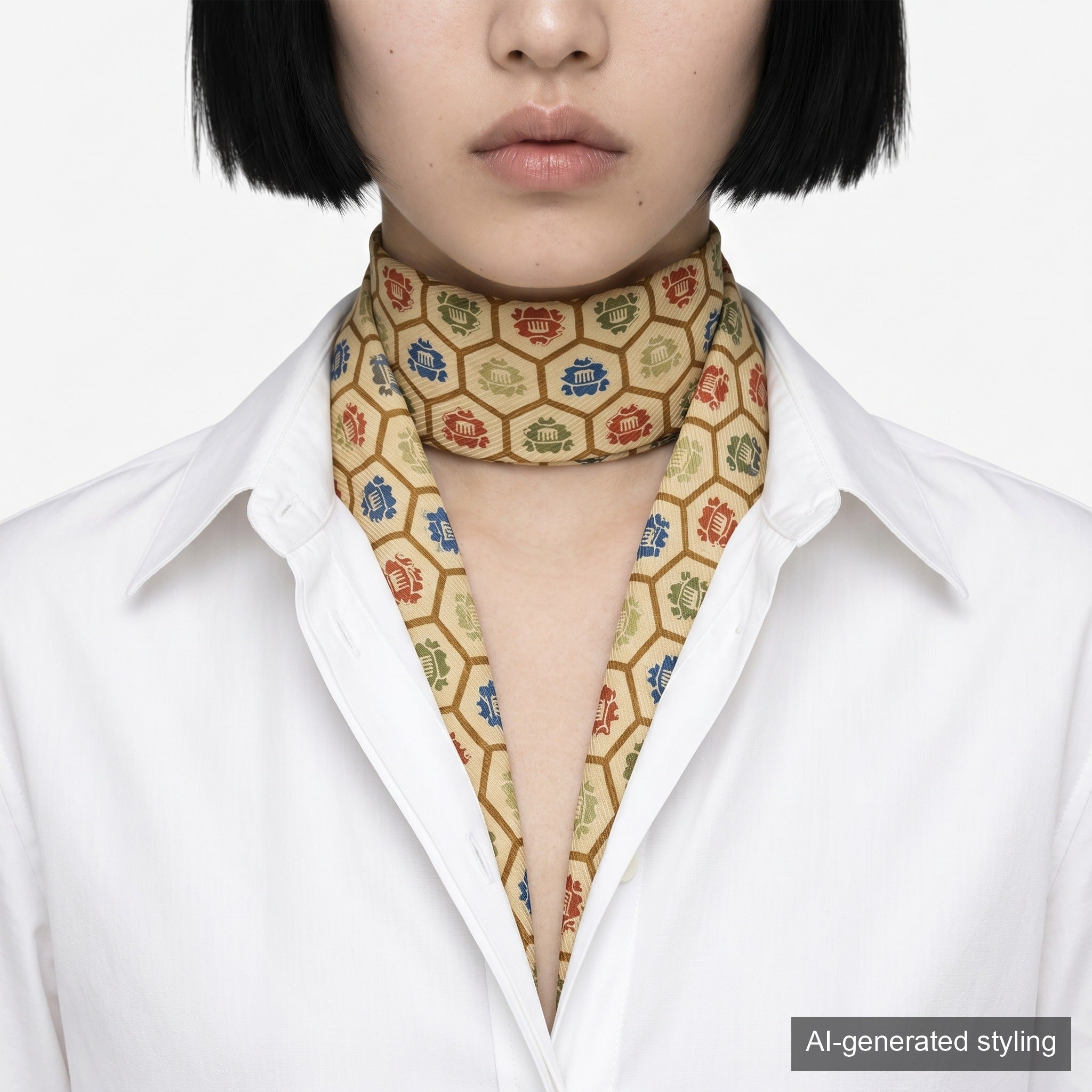 Handcrafted Scarf from Vintage Kimono - Beige Red Green Blue Geometric pattern Design T010