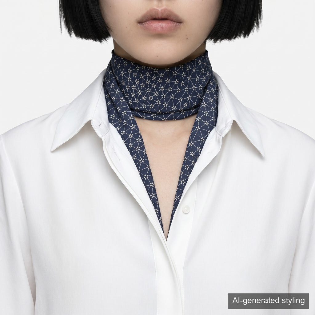 Handcrafted Scarf from Vintage Kimono -  Navy and flower pattern Design T008