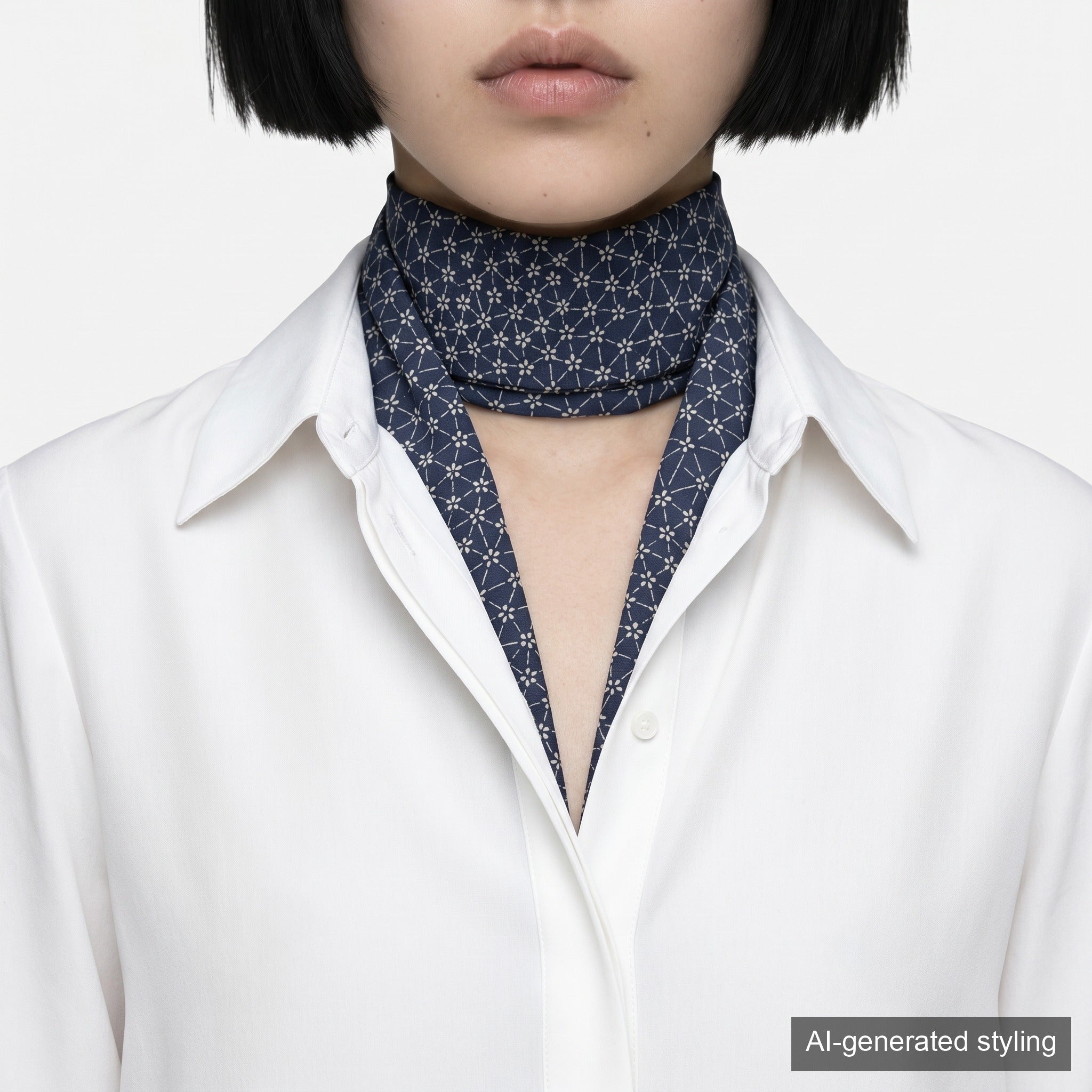 Handcrafted Scarf from Vintage Kimono -  Navy and flower pattern Design T008