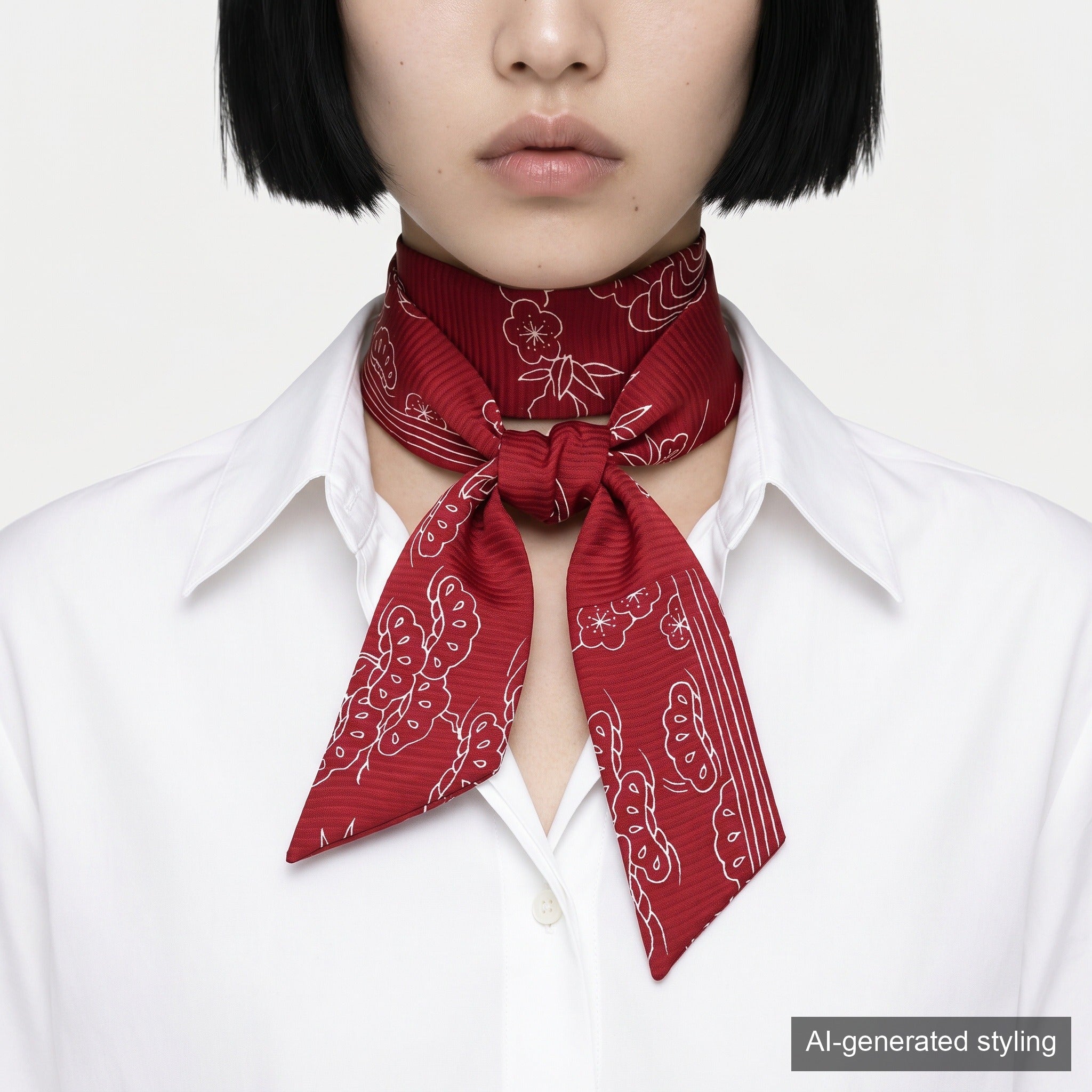 Handcrafted Scarf from Vintage Kimono - Red Botanical Design T001