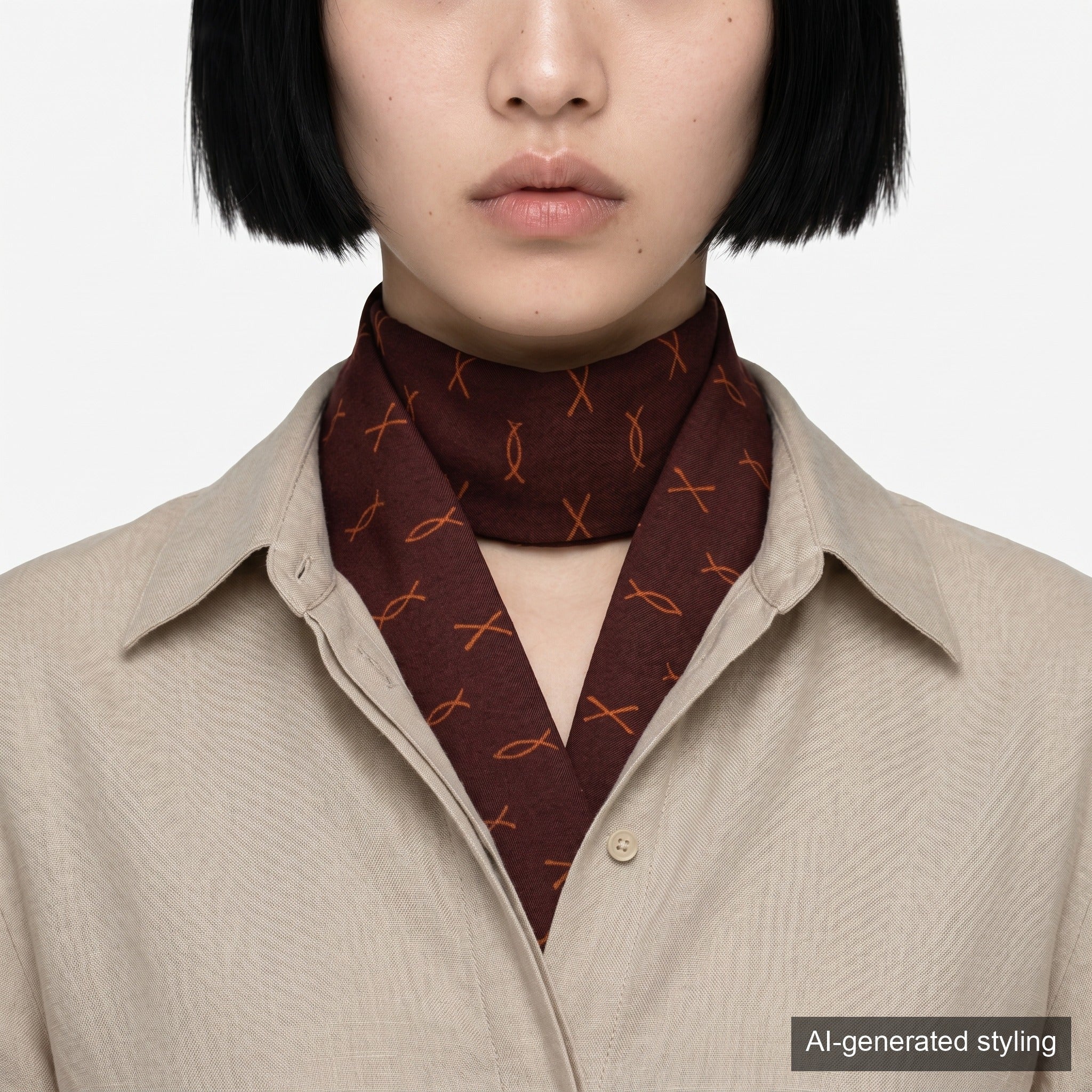 Handcrafted Scarf from Vintage Kimono -  Brown and Geometric patternT012