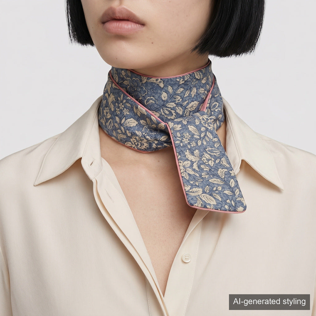 Handcrafted Scarf from Vintage Kimono -  blue pink and flower pattern Design T006