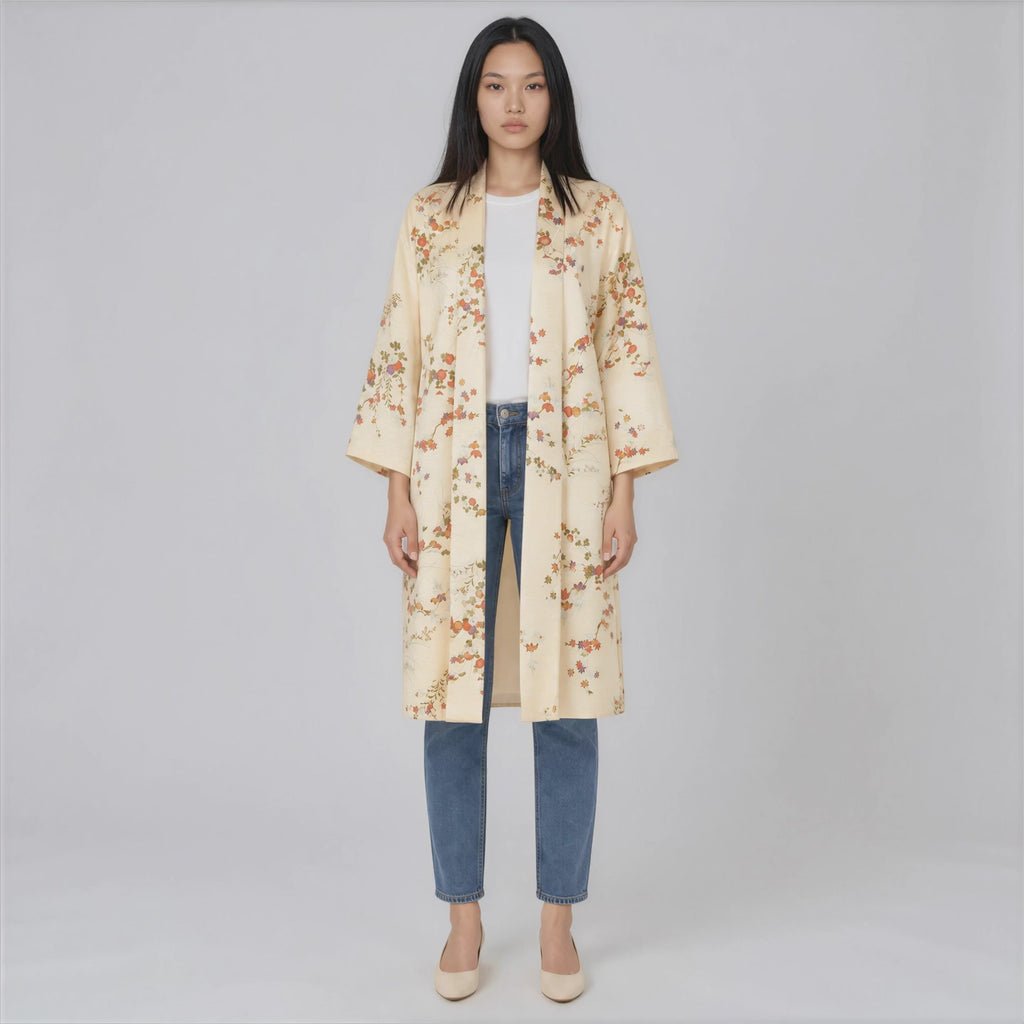 Handcrafted Robe from Vintage Kimono - Cream Floral Design D008