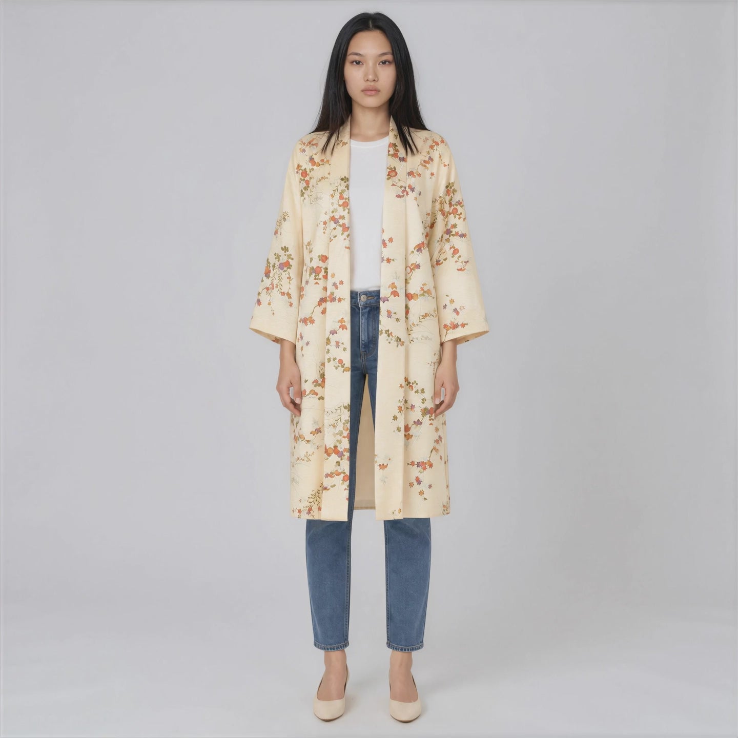 Handcrafted Robe from Vintage Kimono - Cream Floral Design D008