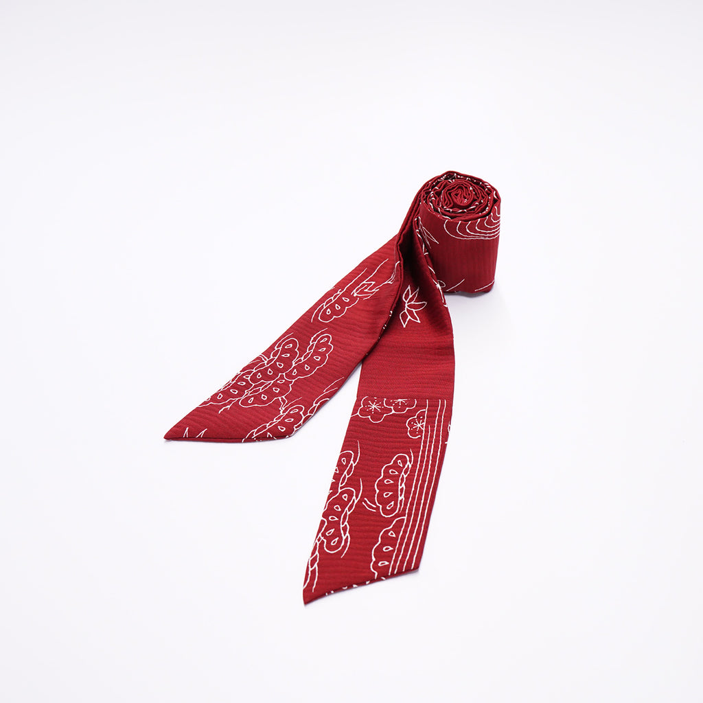 Handcrafted Tie from Vintage Kimono - Red Botanical Design T001