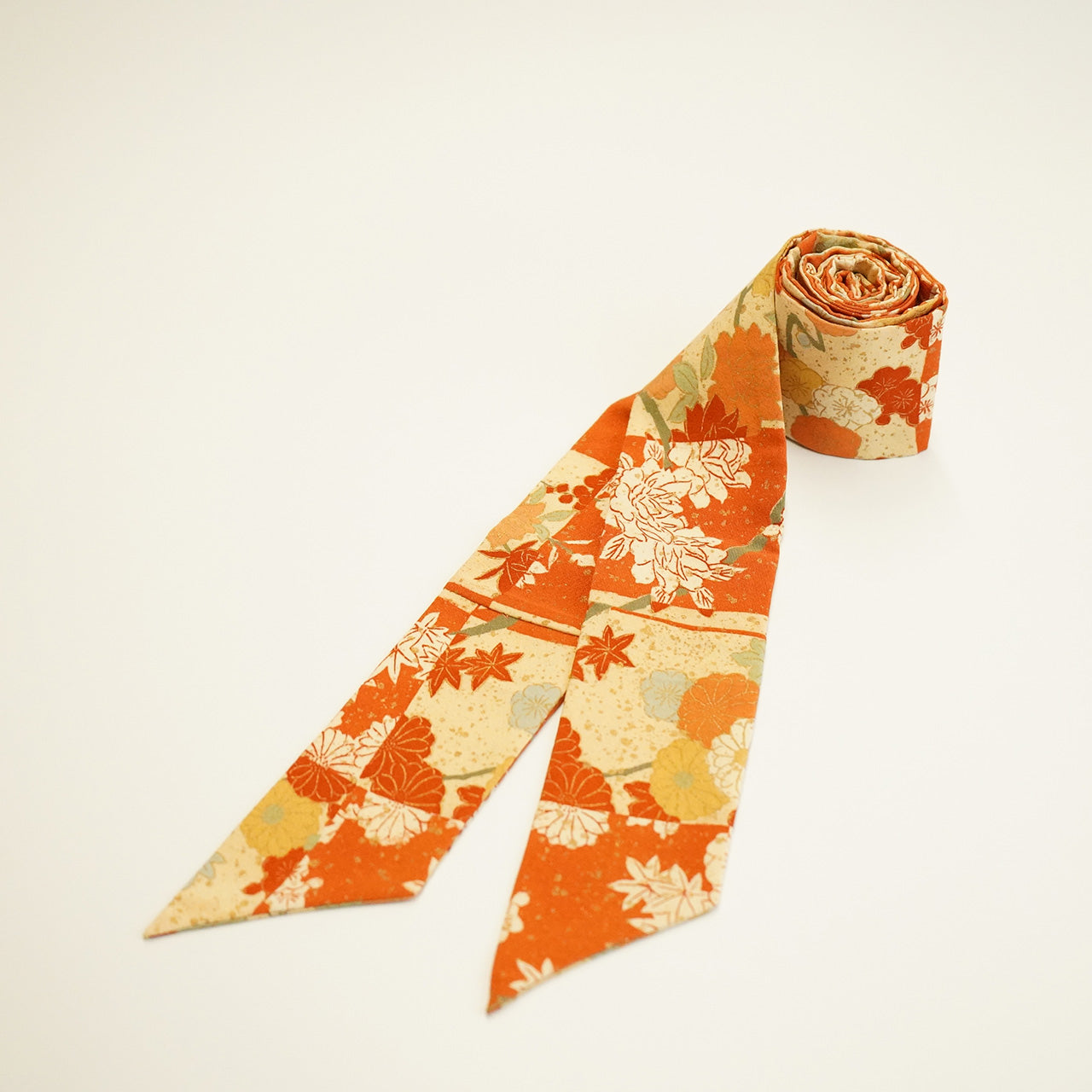Handcrafted Tie from Vintage Kimono - Orange Maple and Chrysanthemum Leaves Design T003